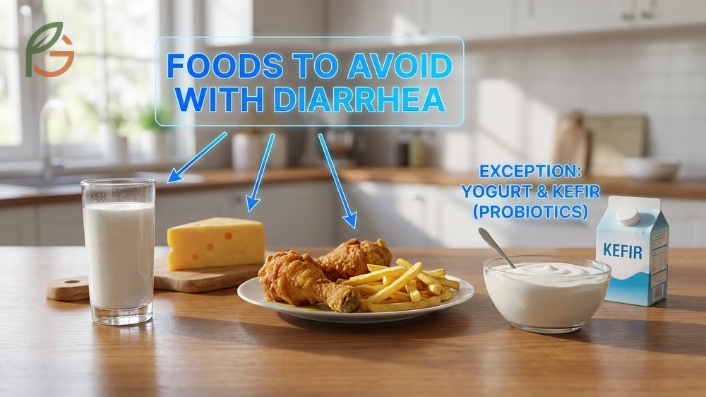 Foods to avoid with diarrhea including dairy fatty meats and spicy dishes that irritate the digestive tract.