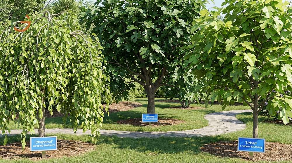 Fruitless mulberry varieties like Stribling and Chaparral offer ornamental foliage without producing fruit.