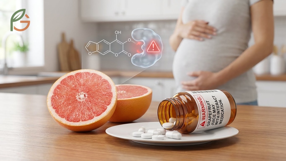 Furanocoumarins in grapefruit can block enzymes and interact with blood pressure medications during pregnancy.