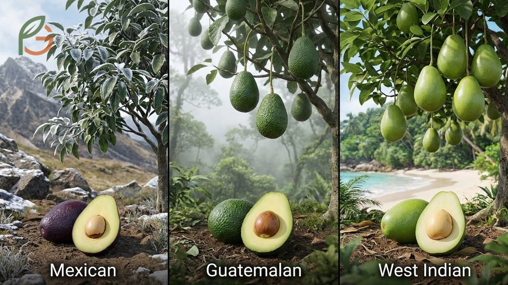 Different types of avocados including Mexican, Guatemalan, and West Indian races for specific growing zones.