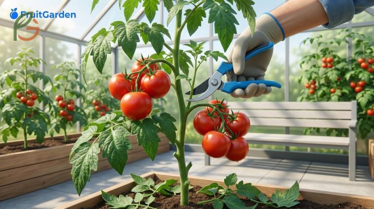 Pruning tomato plants involves removing suckers and lower leaves to improve airflow by up to 40 percent.