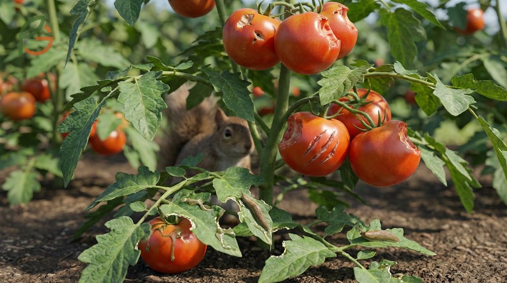 Identifying tomato damage patterns by examining hole shapes and specific locations on the plant.