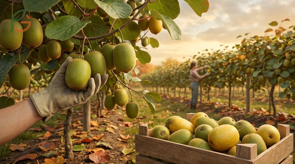 Kiwi growing season timeline highlighting the harvest period when soluble solids reach optimal levels.