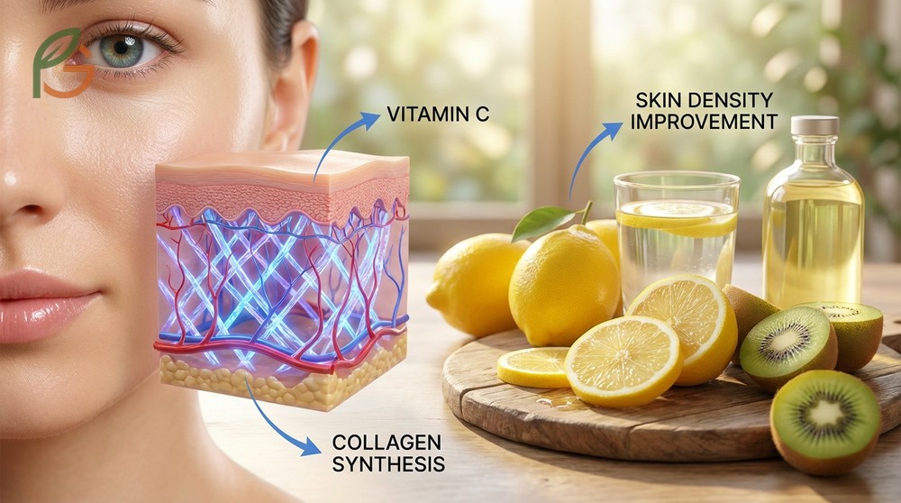 Lemon benefits for skin include increasing skin density by 50 percent through dietary vitamin C intake over eight weeks.
