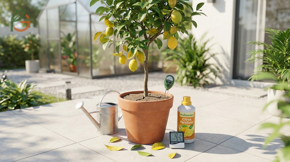 Lemon tree losing leaves due to environmental stress or improper care requiring immediate attention.