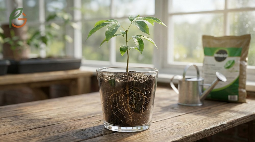 Lychee seedling care involving watering when the top inch of soil is dry and fertilizing after month 2.