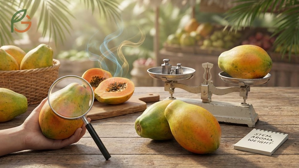 Papaya ripeness indicators including a yellow ring at the stem end and a sweet fragrant aroma near the stalk.