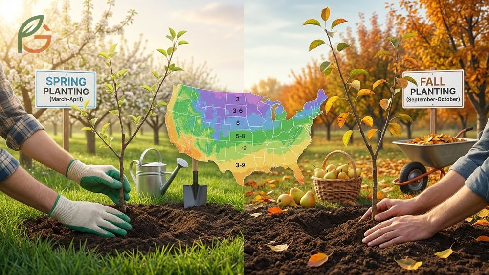Pear tree planting season recommendations based on USDA hardiness zones.