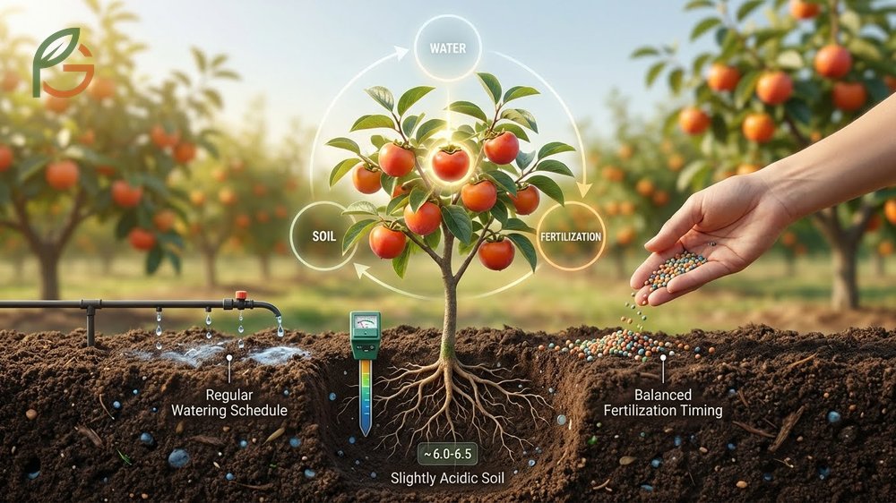 Applying balanced fertilizer around the base of a persimmon tree to support growth and fruit production.