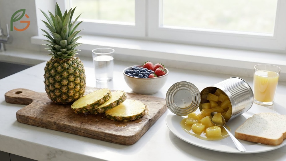 Chart depicting pineapple glycemic index range of 51 to 66 depending on ripeness and preparation method.