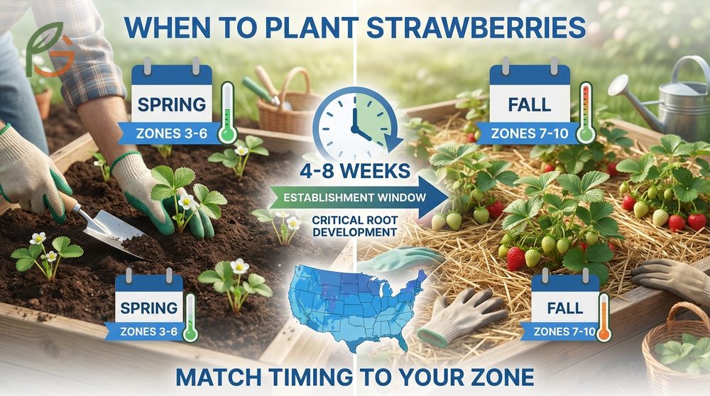 A climate zone map indicating the best planting times for strawberries in northern and southern regions.