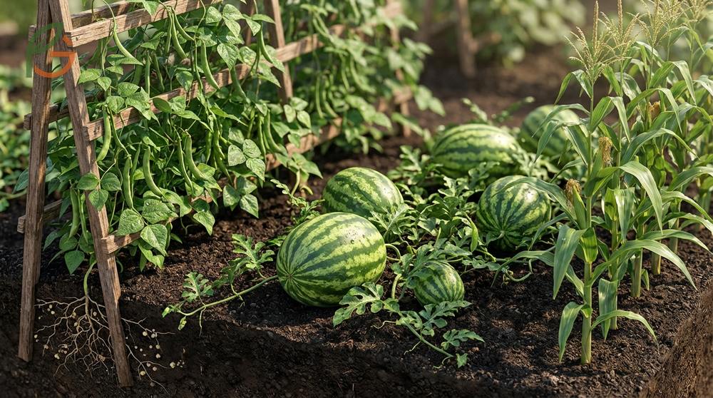 Plants to grow with watermelons include pole beans for nitrogen fixation and radishes for soil aeration.