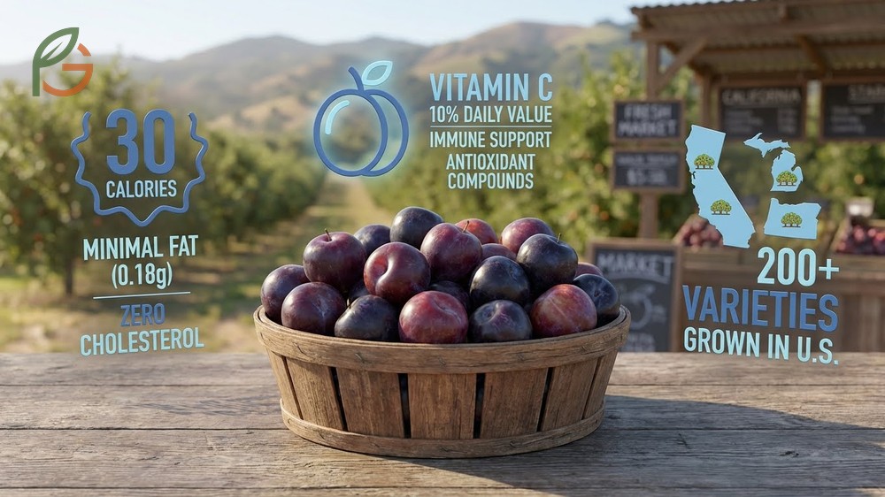 Advantages of plum fruit nutrition facts showing 70 calories in two plums along with 104mg potassium for heart health.