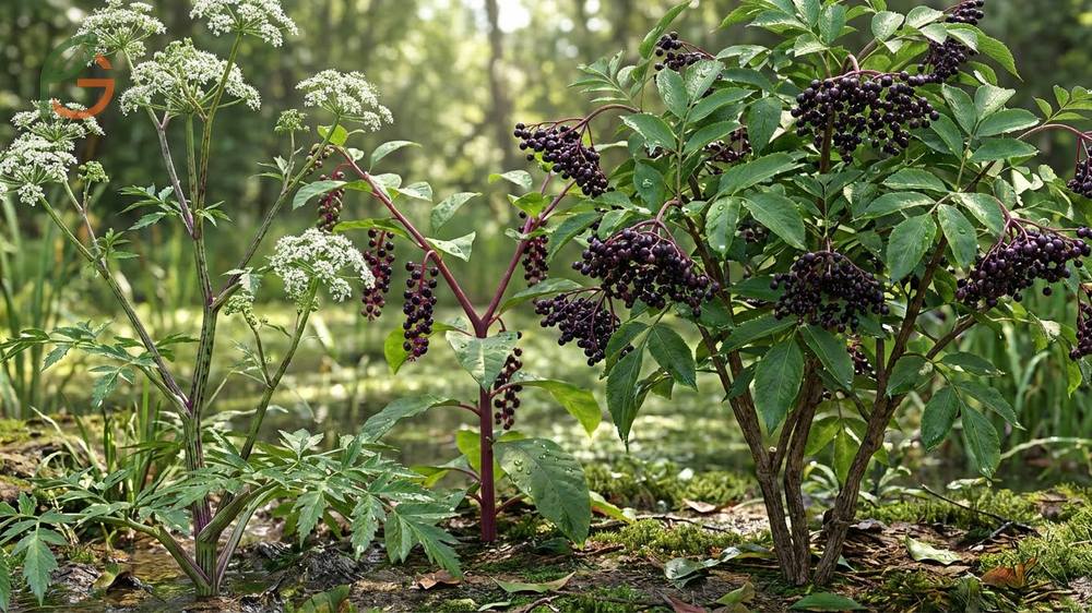 Poisonous look-alikes like water hemlock and pokeweed compared to safe elderberry plants for identification.