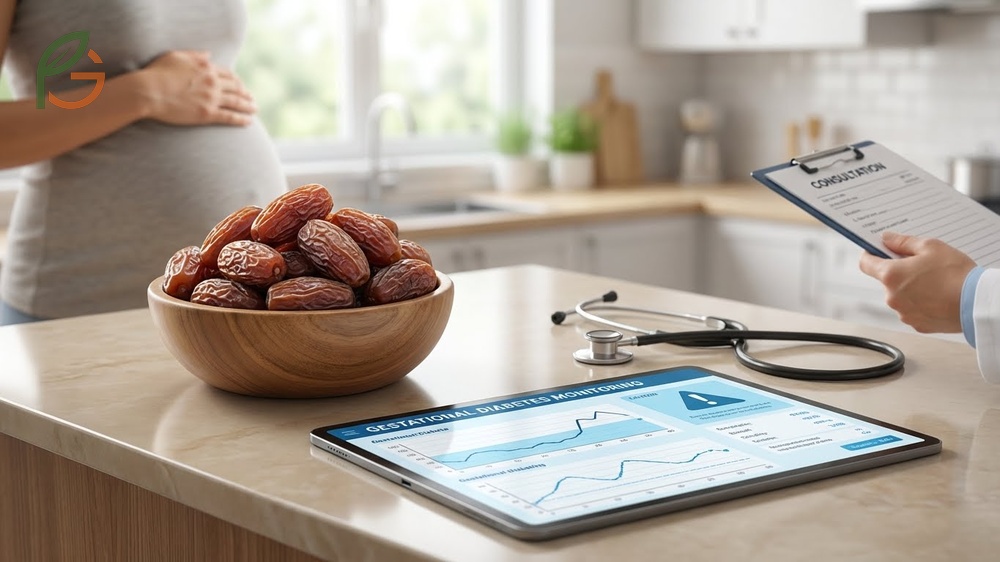 Safety precautions for eating dates during pregnancy involve monitoring blood sugar levels 2 hours after consumption for gestational diabetes.