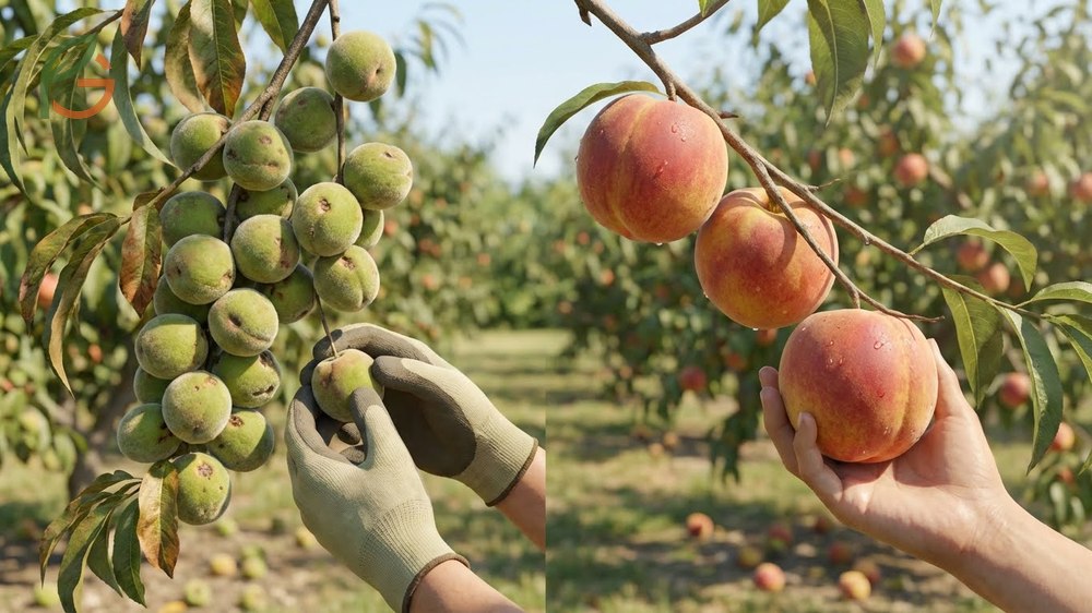 Thinning fruit on peach trees to six inches apart ensures larger peaches and prevents heavy branches from breaking.