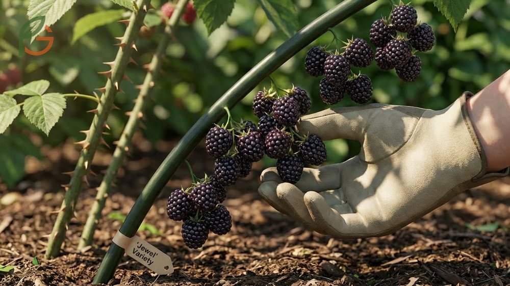 Thornless black varieties like Jewel black raspberry producing high yields without the sharp woody thorns.