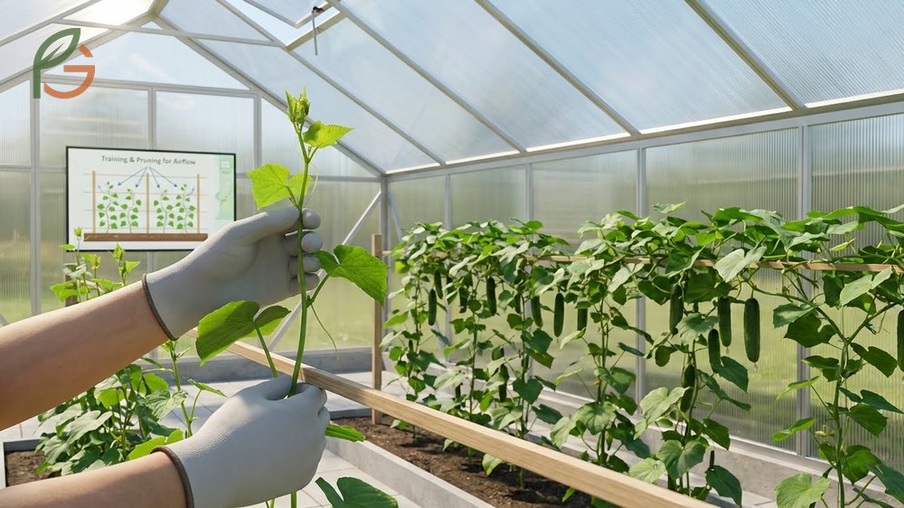 Training cucumber vines vertically using the umbrella method maximizes light exposure and simplifies harvest access.