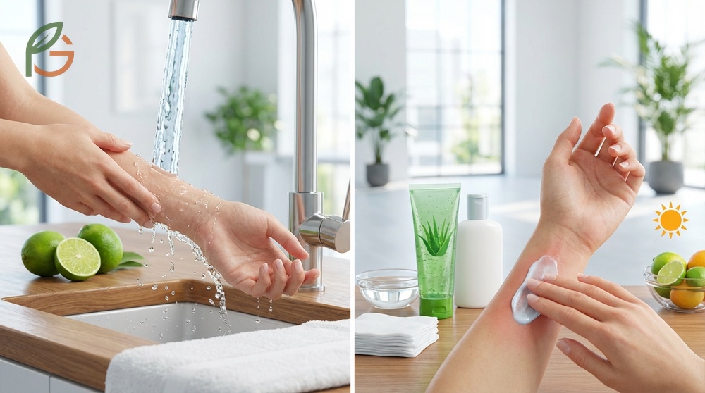 Treating lime burns using cold compresses, hydrocortisone cream, and wound care to prevent infection and scarring.