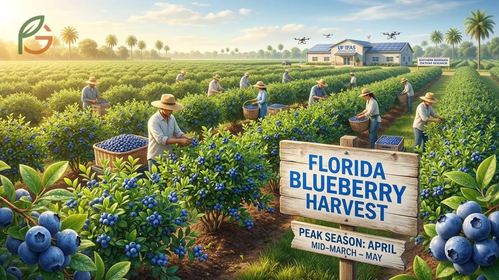 When are blueberries in season in Florida highlighting March through May harvest of southern highbush varieties.