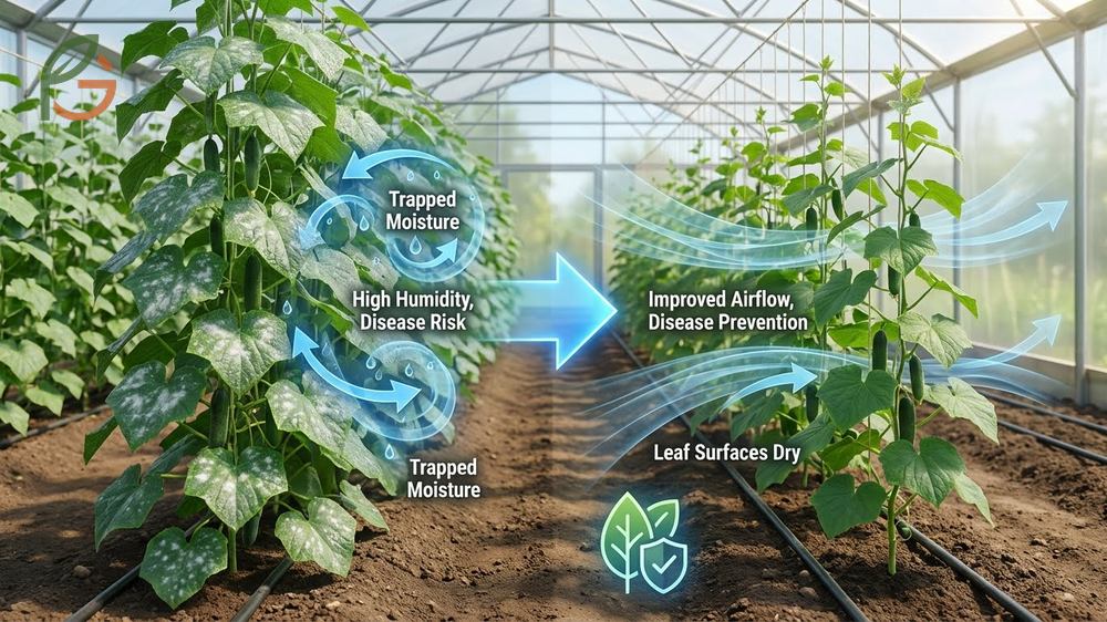 Airflow and disease prevention improves when pruning creates space between leaves to let foliage dry within 2 hours.