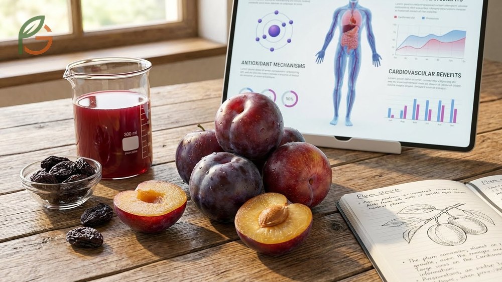 Benefits of plum fruit for disease prevention using polyphenol antioxidants to reduce cholesterol and bone loss risk.