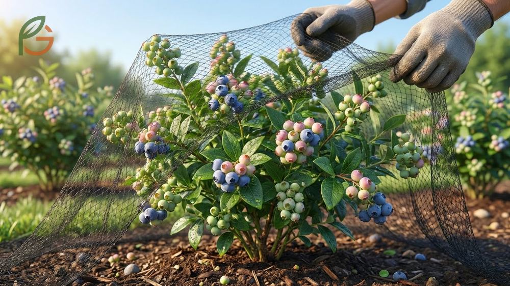 The best time to cover blueberries is when berries change from green to pink about 2 to 3 weeks before ripening.