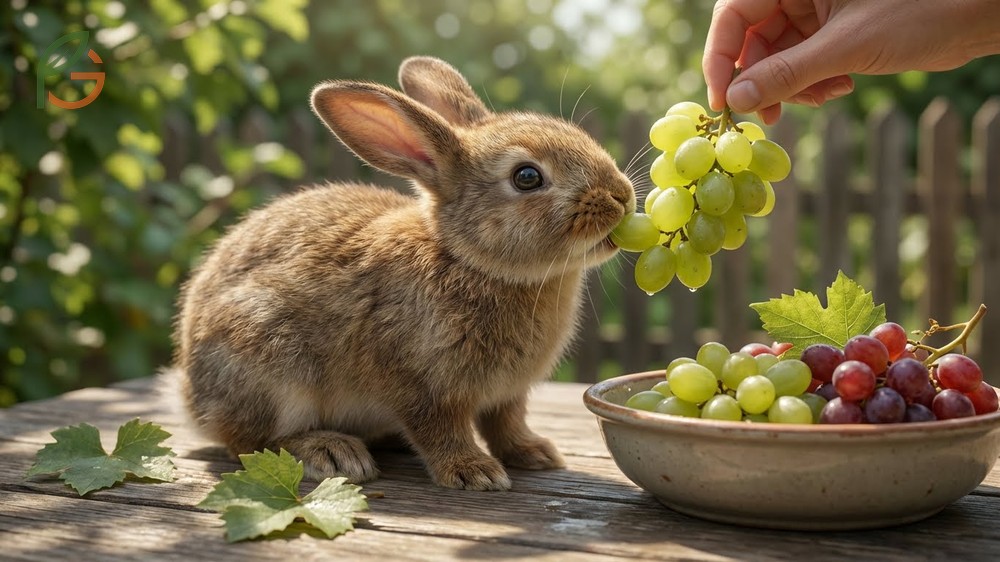 Rabbits eating grapes safely in moderation of 1 to 2 grapes per week to avoid sugar issues.