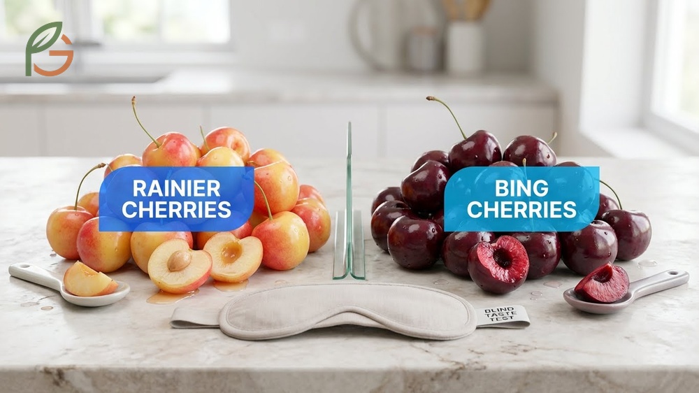 Taste and texture differences show Rainiers have creamy flesh with caramel notes while Bings offer a crisp firm bite.