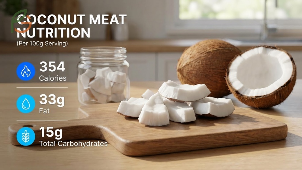 Coconut meat nutrition facts displaying the balance of healthy fats and low net carbs in a standard serving.