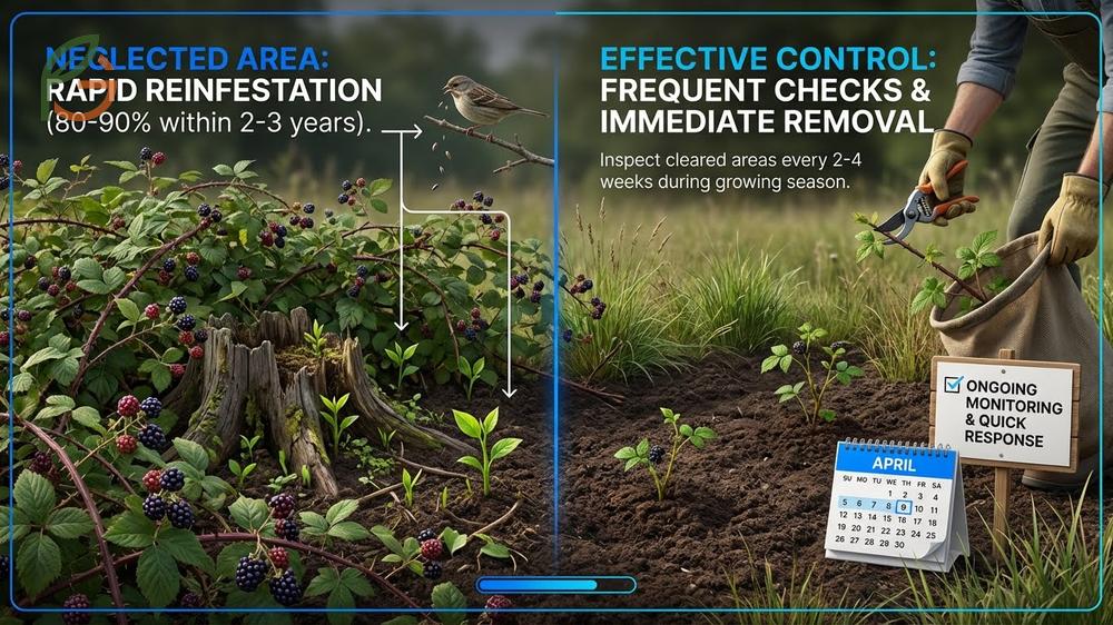 Controlling invasive blackberries requires monitoring regrowth every 2 weeks and establishing native plants for shade.