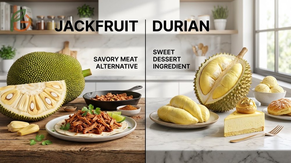 Cooking with jackfruit vs durian applications showing jackfruit as a meat substitute and durian in desserts.