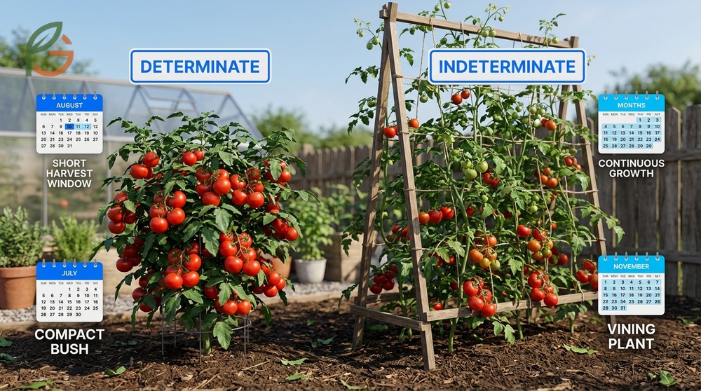 Determinate vs indeterminate tomatoes differ as bush types stop growing after fruit set while vining types produce until frost.