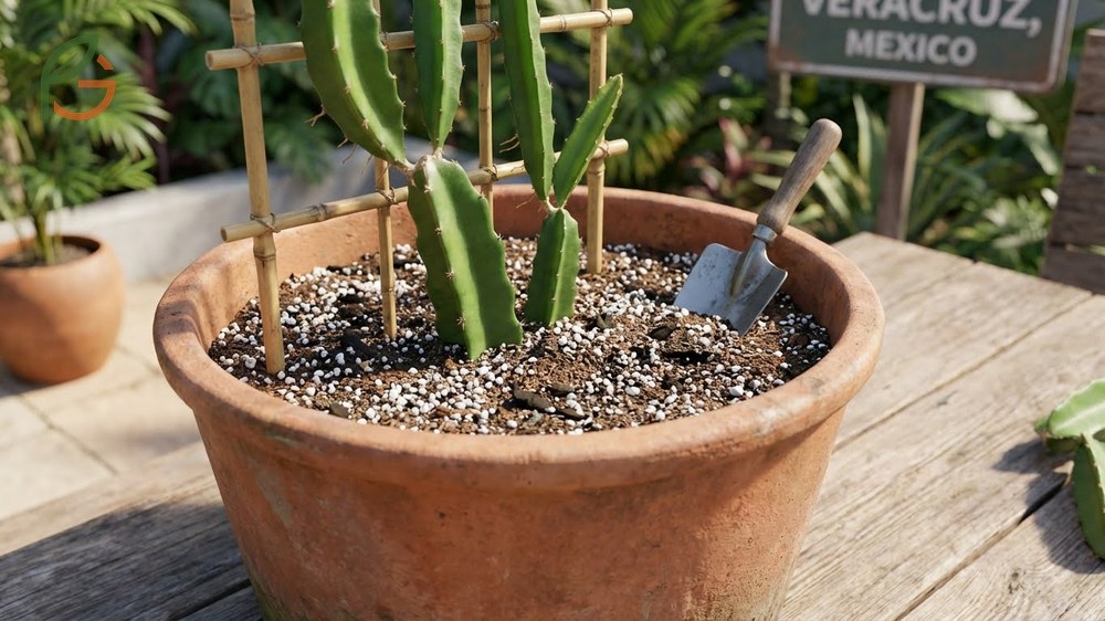 Dragon fruit containers need a soil mix of 50% potting soil and 30% perlite to ensure excellent drainage.