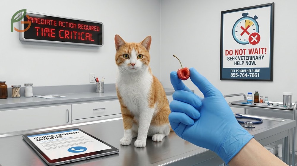 What to do if your cat ate a cherry instructions emphasizing immediate contact with poison control rather than waiting for symptoms.