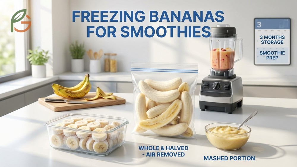 Freezing bananas for smoothies involves slicing ripe fruit into rounds and storing in bags for up to 6 months.