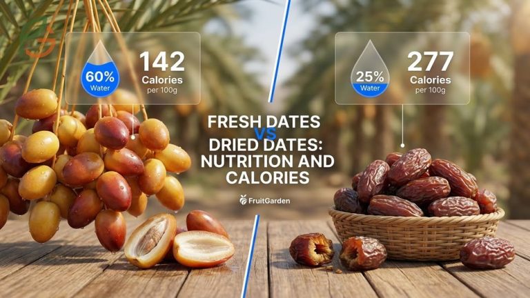 Fresh dates vs dried dates comparison shows significant differences in moisture content and calorie density per 100g serving.