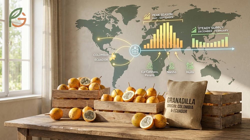 Fresh granadilla availability chart showing peak production seasons from May to September for optimal purchasing timing.