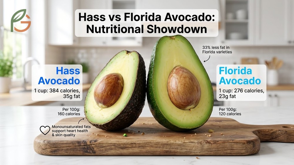 Hass vs Florida avocado nutritional comparison showing 33 percent less fat in Florida varieties per cup.