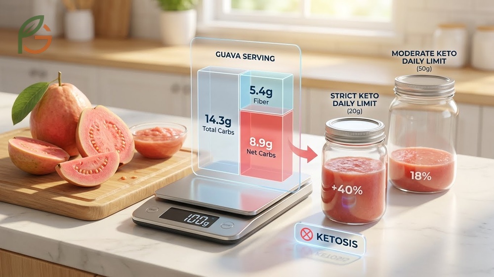 Is guava keto friendly analysis showing 14.3g total carbs and 5.4g fiber per 100g.
