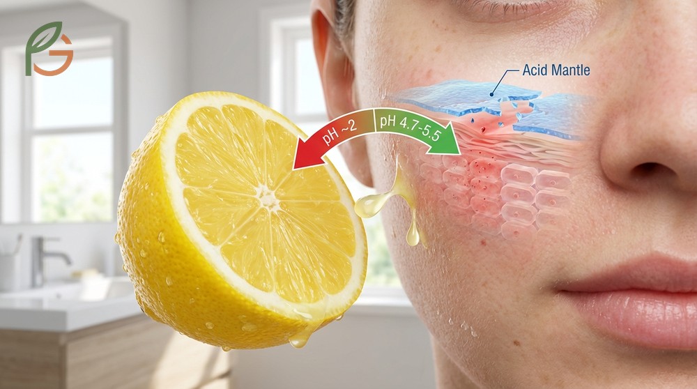 Lemon juice on face risks include disrupting the acid mantle with pH 2 acidity leading to irritation and dermatitis.