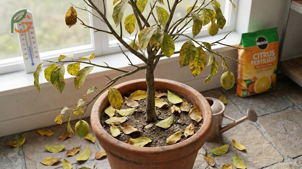 Lemon tree losing leaves caused by watering issues requiring 80 to 120 liters for mature trees weekly.