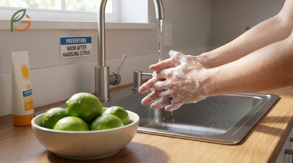 Lime skin reaction prevention strategies including washing hands with soap immediately after handling citrus fruit.