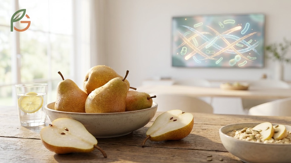 Pear fiber benefits for digestive regularity by increasing stool bulk and supporting gut microbiome health.