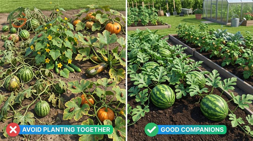 Plants to avoid near watermelons include potatoes and tomatoes which compete for nutrients and attract beetles.