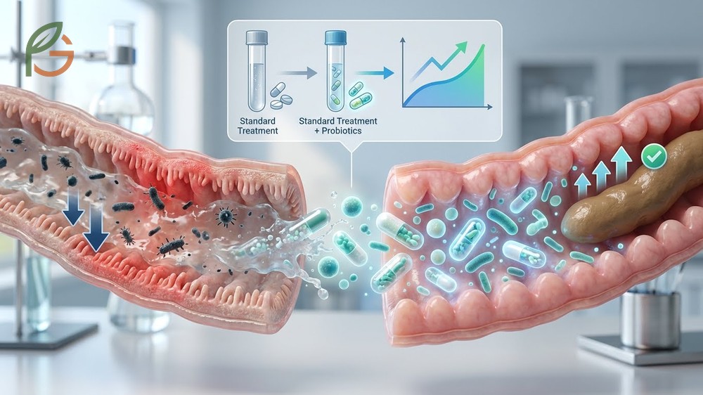 Probiotics for diarrhea treatment showing how yogurt and kefir restore beneficial gut bacteria to speed up healing.