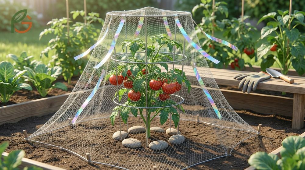 Protecting tomato plants from pests using physical barriers like netting and proper fencing methods.