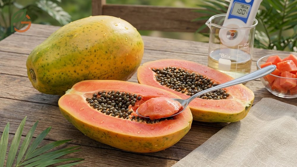 Ripe papaya characteristics showing vibrant orange flesh and black seeds with 11 to 14 degrees Brix sweetness.