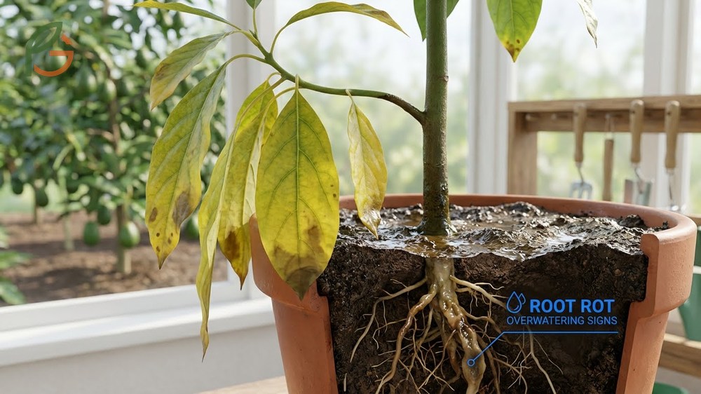 Overwatering avocado signs depicted by yellowing leaves and brown roots caused by excessive soil moisture.