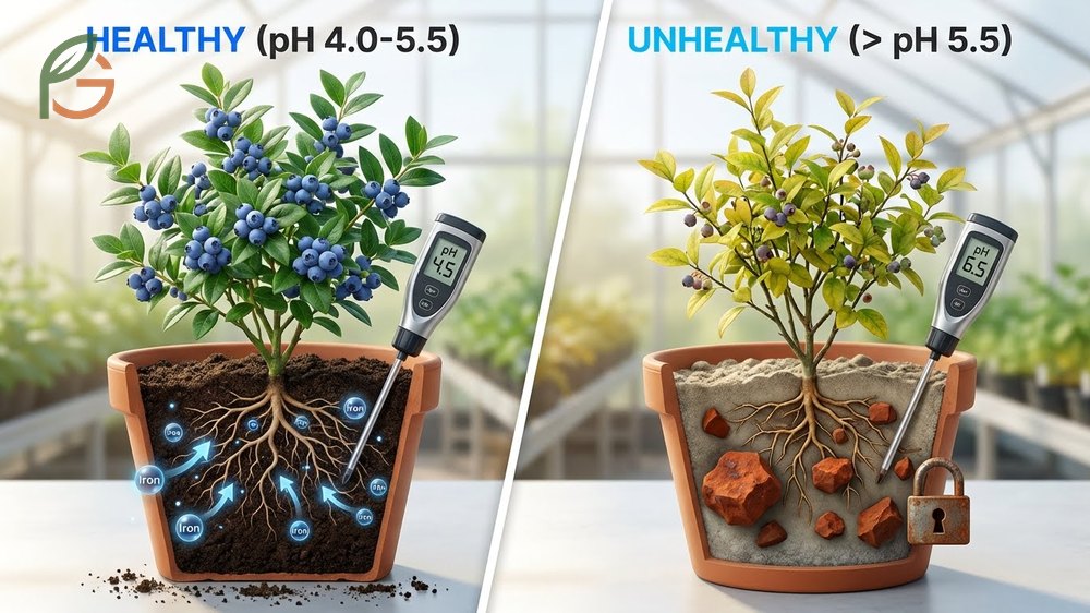 Soil pH for potted blueberries must be maintained between 4.0 and 5.5 to ensure healthy nutrient absorption.